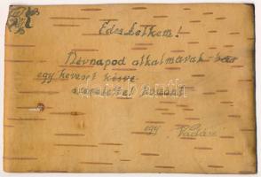 1944 Második világháborús katonai nyírfa üdvözlő levelezőlap / WWII Hungarian military greeting. Birchwood postcard (szakadás / tear)