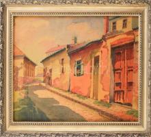 Tibai Takács János (1876 - 1943): Tabán Virág Benedek utca. Erősen kopott szignó. Akvarell, papír. Üvegezett, dekoratív keretben. 36x49cm