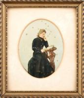 cca. 1880 Hölgy, színezett fotó, fémlemez, dekoratív fakeretben. 12,5x9,5cm