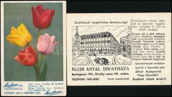 cca 1936-1940 Klein Antal áruháza reklámkártya, Bp. VII. Király u. 49, 10,5x15 cm + Mauthner Ödön postázott reklámlap