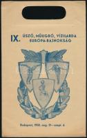 1958 Malév papír tasak, másik oldalán a budapesti IX. Úszó, Műugró, Vízilabda Európa-bajnokság illusztrált hirdetésével, 26x16,5 cm