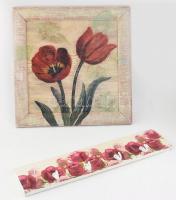 Design kép fogassal, rózsás, tulipános motívummal, kopásnyomokkal, 46x46cm, h:54 cm