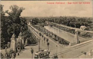 1915 Temesvár, Timisoara; Gyárváros, Bega részlet liget bejárattal, híd, villamos / park entrance, tram, bridge