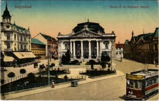 1916 Nagyvárad, Oradea; Bémer tér és Szigligeti színház, Emke kávéház, villamos üzlet reklámokkal. Vasúti Levelezőlapárusítás 55. sz. 1916. / square, theatre, café, tram with shop advertisements (EK)