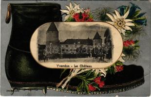 1915 Yverdon-les-Bains, Le Chateau / castle. Art Nouveau, floral montage with hiking boots, Embossed litho (EB)