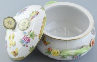 Herendi Viktória mintás leveses tál, kézzel festett, jelzett, kopásnyomokkal, d:27cm, m:20cm