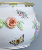 Herendi Viktória mintás leveses tál, kézzel festett, jelzett, kopásnyomokkal, d:27cm, m:20cm
