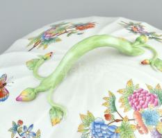 Herendi Viktória mintás leveses tál, kézzel festett, jelzett, kopásnyomokkal, d:33cm, m:22cm