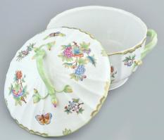 Herendi Viktória mintás leveses tál, kézzel festett, jelzett, kopásnyomokkal, d:33cm, m:22cm