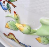 Herendi Viktória mintás leveses tál, kézzel festett, jelzett, kopásnyomokkal, d:33cm, m:22cm