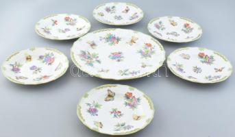 Herendi Viktória mintás süteményes készlet, kézzel festett, jelzett, kopásnyomokkal