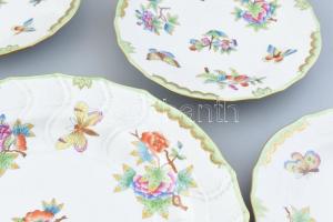 Herendi Viktória mintás süteményes készlet, kézzel festett, jelzett, kopásnyomokkal