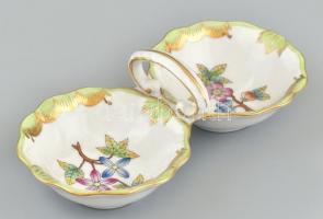 Herendi Viktória mintás só és borstartó, kézzel festett porcelán, jelzett, kopásnyomokkal.