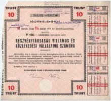 Budapest 1946. Részvénytársaság Villamos és Közlekedési Vállalatok Számára részvényelismervény tíz darab, egyenként 100P értékű részvényről, szárazpecséttel és bélyegzésekkel, szelvényekkel T:III