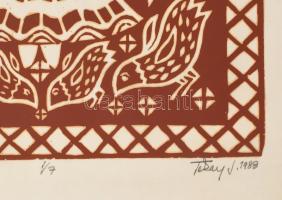 Tokay János (1919-?): Szegfűs Boldogasszony. Fametszet, papír, jelzett, számozott (1/7), feltekerve,...