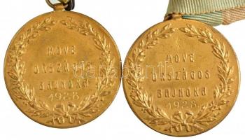 1928. "MOVE Országos Bajnoka 1928" aranyozott Br díjérem eredeti szalagon (37mm) (2x) T:2,...