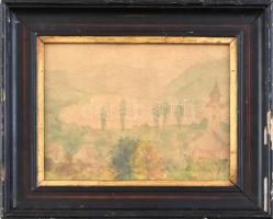 Szőnyi I jelzéssel: Vízparti Táj. Akvarell, papír, foltos. Üvegezett, sérült fa keretben, 24×30 cm