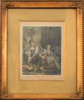 cca 1850-1900 Anya gyermekeivel. Színezett acélmetszet, papír, jelzés nélkül. Dekoratív, sérült üvegezett fa keretben, 23,5×19 cm
