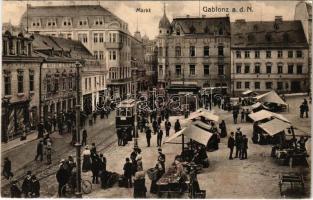 1919 Jablonec nad Nisou, Gablonz an der Neisse; Markt / market, Hotel Erlebac, trams (fl)