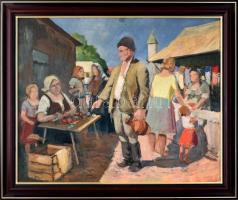 Jelzés nélkül, feltehetőan a XX. sz. közepén működött magyar festő: Vásári forgatag. Olaj, vászon. Dekoratív fa keretben, 65×80 cm