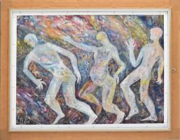 Lunger Katalin (?-): Társaság, 2008. Olaj, farost. Jelzett. Kétoldalas mű, hátoldalán: Három alak. O...