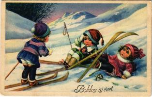 Boldog új évet, síbaleset / New Year greeting, skiing accident, winter sport. Cecami n. 4192.