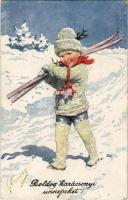 1917 Boldog karácsonyi ünnepeket! síelő fiú / Christmas greeting, skiing child. B.K.W.I. 3173-2. winter sport s: K. Feiertag