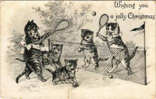 Wishing you a jolly Christmas / Teniszező macskák, dombornyomott / Cats playing tennis. Embossed litho (EK)