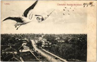 1907 Buziás-fürdő, Baile Buzias; montázs babát hozó gólyával / montage with stork carrying a baby (EB)