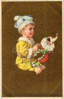 Italian children art postcard, boy with clown doll (EK)