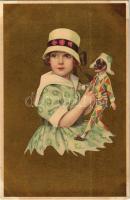 1923 Italian children art postcard, girl with clown doll (EK)