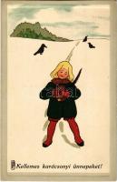 Kellemes karácsonyi ünnepeket! / Children art postcard with Christmas greetings (EK)