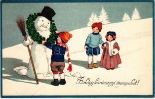 1928 Boldog karácsonyi ünnepeket! / Children art postcard with Christmas greetings and snowman. HWB Ser. 1742. (EK)