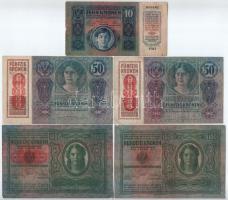 1912. 100K (2x) + 1914. 50K (2x) + 1915. 10K T:III,III- közte szép papír, az egyiken kisebb folt, ki...