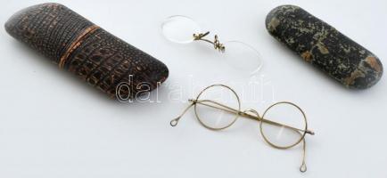 2 db régi, drótkeretes szemüveg eredeti tokkal