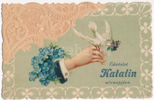 Üdvözlet Katalin névnapjára. Csipke hatású dombornyomott virágos litho üdvözlőlap / Name day. Lace style ermbossed litho greeting art postcard