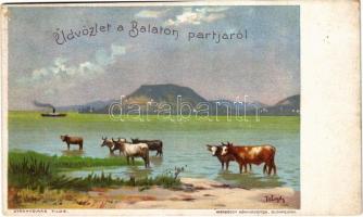 Balaton, Üdvözlet a partról! Badacsony és szarvasmarha itatás. Werbőczy könyvnyomda, litho s: Telegdy (felszíni sérülés / surface damage)