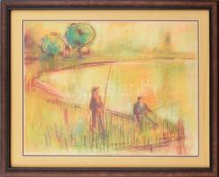 Egry József jelzéssel: Horgászok. Akvarell, papír, jelzett, üvegezett fa keretben, 39×49 cm