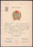 cca 1950 Főmolnárképző tanfolyam tabló, belepő, igazolások + 8 db Békekölcsön igazolás