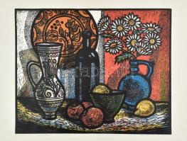 Krajcsirovits Henrik (1929-2007): Margarétás csendélet. Színes linómetszet, papír, jelzett, 39×48 cm