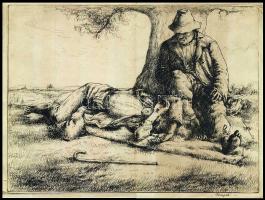 Komjáty Wanyerka Gyula (1894-1958): Pihenő délben; rézkarc-papír; szignált 40x30 cm (hajtásnyommal középen)