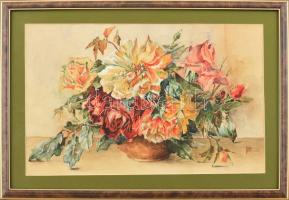 LPM monogrammal: Virágcsendélet. Akvarell, papír, farostra kasírozva. Üvegezett keretben. 24,5x39 cm