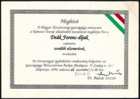 1994 Balsai István igazságügy-miniszter által aláírt meghívó díjátadásra