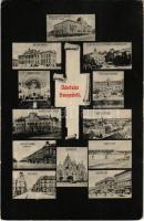 1911 Szeged, Boldogasszony sugárúti polgári iskola, Széchenyi tér és Csongrádi Takarékpénztár, Kultúrpalota, zsinagóga és belseje, Kereskedelmi iskola, vasúti híd, Híd utca, Klauzál tér, üzletek. Grünwald Herman kiadása (EK)