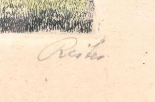 Walter Reiter (?-?): Rothenburg. Színezett rézkarc, papír, jelzett, üvegezett fa keretben, 12,5x8 cm