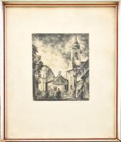Tihanyi János Lajos (1892-1957): Főtér Szentendre. Rézkarc, papír, jelzett, kissé foltos. Üvegezett, sérült fa keretben. 19×14 cm