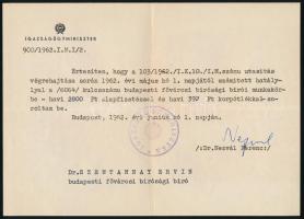 1962 Bp., Nezvál Ferenc igazságügy-miniszter által aláírt okirat