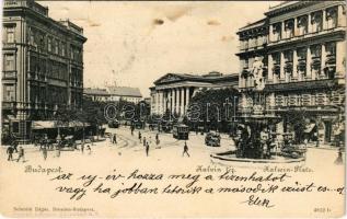 1900 Budapest VIII. Kálvin tér, villamos, Nemzeti Múzeum, szökőkút, üzletek (apró lyuk / tiny hole)