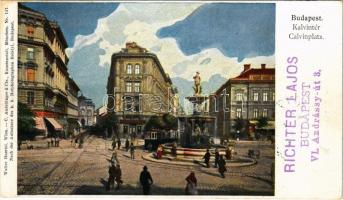 1899 (Vorläufer) Budapest VIII. Kálvin tér, villamos, szökőkút. Erdélyi felvétele után. C. Andelfinger & Cie. Kunstanstalt (vágott / cut)