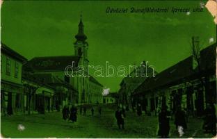 1920 Dunaföldvár, Rákóczi utca, templom, cukrászda, Jaczkó Gyula bazár és játékok üzlete (Rb)